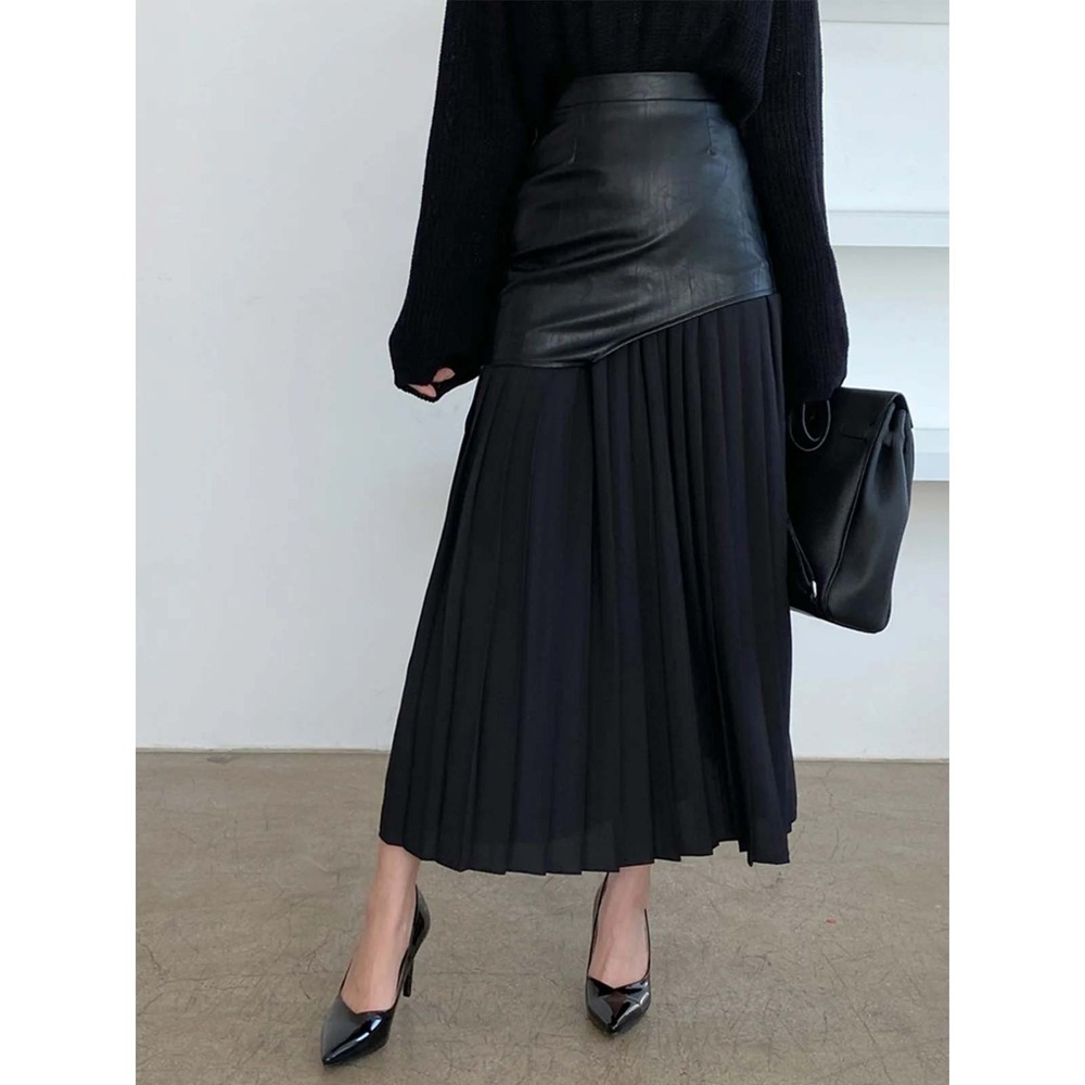 COMMENSE Black Faux Leather Chiffon Pleated Asymmetric Maxi Skirt US 8-10 L NWT - Picture 4 of 12